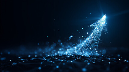 Poster - Abstract glowing blue network structure forming an upward arrow on a dark background