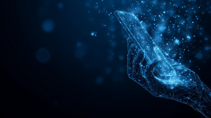 Poster - Futuristic digital hand holding a glowing smartphone with abstract blue particles