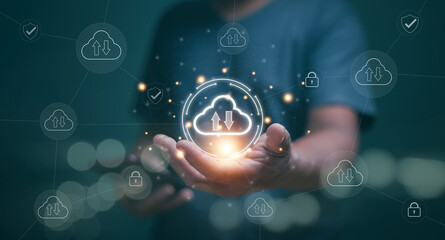 Aufkleber - Cloud computing technology concept. Businessman holding cloud computing icon and link to network diagram on virtual screen. Online data storage, Digital data transfer, File backup storage protection.