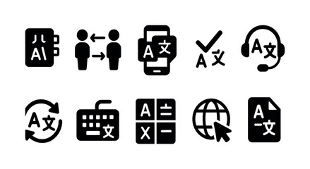 Poster - Language translation solid icon set. communication, app, global symbols collection