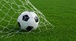 © Max Studio - Soccer ball in net, vibrant green grass, white net texture, bright lighting, sports theme.