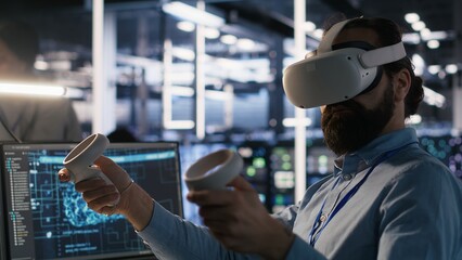 Poster - Data center technician using VR headset to monitor neural network AI LLM visualization. Server room worker using virtual reality tech to oversee rigs powering machine learning processes, camera A