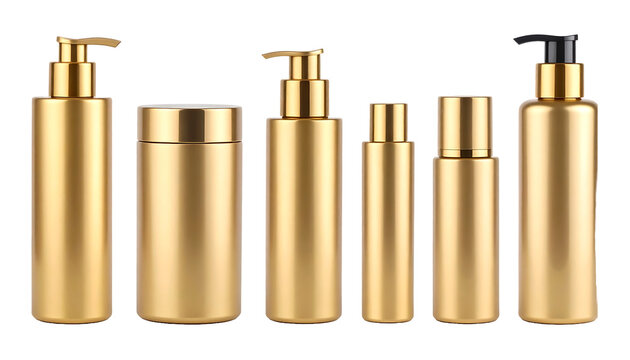 Set gold cosmetic bottles packaging mockup, ready for your design, 3d rendering