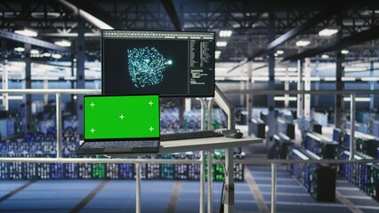 Poster - Industrial platform workstation in automated data center displaying deep learning code on isolated screen laptop. Server room mockup notebook running AI models monitoring operational stability
