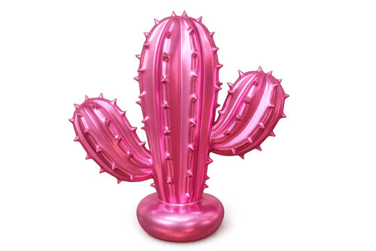 Pink metallic cactus sculpture rendering, standing against transparent background, highlighting contemporary design aesthetic