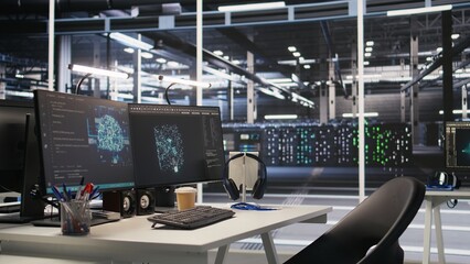 Poster - Server hub PC screens tracking rackmounts processing large scale machine learning datasets for artificial intelligence operations. Computer displays monitoring gear used in AI model development