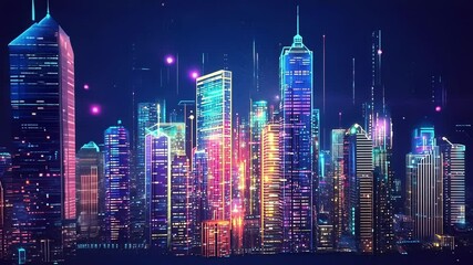 Aufkleber - Futuristic cityscape glowing at night, featuring interconnected buildings that embody the smart city concept and illustrate the dynamic flow of digital information and technology