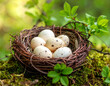 © Pixel Alchemist - Delicate nest crafted with twigs and moss cradled cluster of cream speckled eggs, surrounded by lush greenery, evoking sense of tranquility and nature beauty