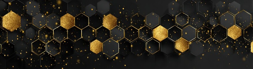 Poster - Abstract black background with a golden hexagon pattern, a luxury wallpaper design for a web banner or presentation cover Generative AI