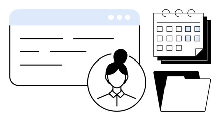 Poster - Interface window, profile avatar, calendar, and folder symbolizing task management, organization, and productivity. Ideal for scheduling, planning, profile management workflow data organization