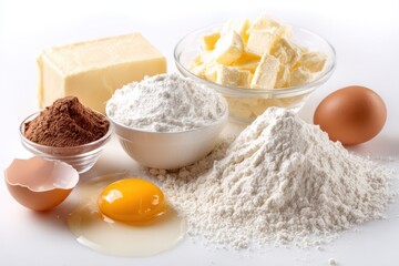 Wall Mural - Baking ingredients isolated on a white background with example text