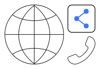 Poster - Globe outline, share icon, and telephone symbol emphasizing global communication, networking, and collaboration. Ideal for connection, technology, business, internet media interaction simple