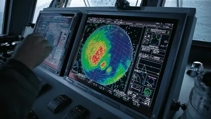 Aufkleber - Multiple computer screens displaying weather radar data and navigation information on the bridge of a modern ship during a storm, ensuring safe passage through challenging conditions
