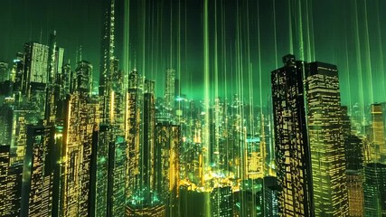 Aufkleber - Digital rain falls on a futuristic city at night, illuminating skyscrapers and streets with a mesmerizing green glow, creating a scene of advanced technology and urban innovation