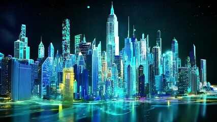 Poster - Digital city glowing in vibrant blue and green hues, rising from a dark background, symbolizing advancements in technology and the evolution of smart urban development