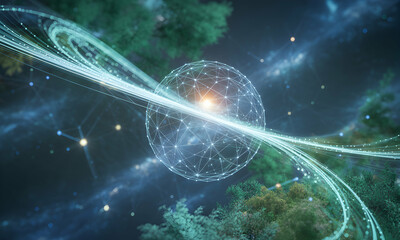Aufkleber - Abstract digital sphere with swirling lines and green trees