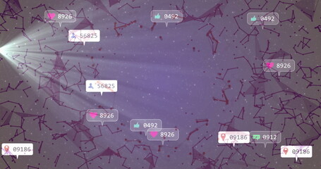 Poster - Radiating abstract network forming with purple nodes in digital space, showing social media icons