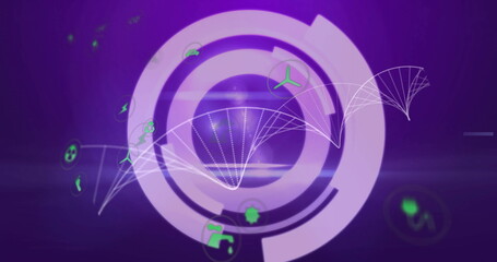 Poster - Displaying purple sphere rotating with ring segments, waveforms in digital interface, green icons