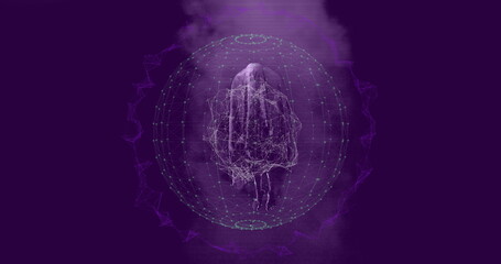 Poster - Rotating wireframe humanoid figure floating inside virtual sphere, with teal network nodes