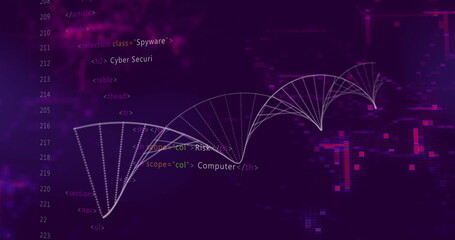 Aufkleber - Displaying white arc network diagram on purple interface, featuring HTML snippets and glitch blocks