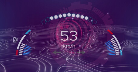 Poster - HUD displaying 53 km or h speed, nodes, battery and temperature gauges, date and time, in purple gri