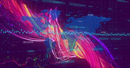 Poster - Displaying abstract data ribbons flowing across world map on grid interface, with numeric labels
