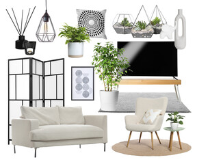 Aufkleber - Different furniture and decorative elements on white background, collage. Living room interior