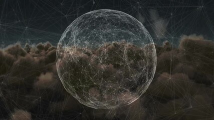 Poster - Luminous lines forming network sphere pulsating and rotating with clouds drifting showing data flow