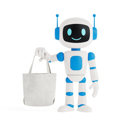 Poster - AI And Eco-Friendly Shopping Concept. Smiling AI Robot Holding A Fabric Tote Bag. 3d Rendering