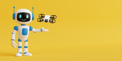 Poster - Modern Technology Exploration Concept. Friendly Ai Robot Controlling Small Camera Drone. 3d Rendering