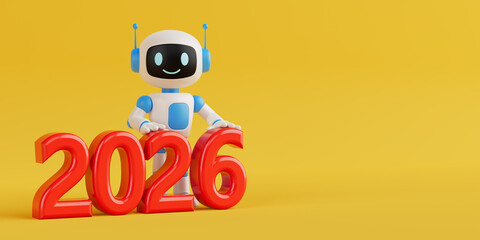Poster - Future Technology and New Year Celebration. Cute Friendly AI Robot Standing Behind Red 2026 New Year Sign. 3d Rendering
