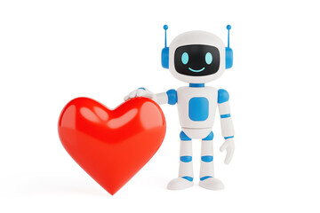 Poster - Emotional Technology Concept. Cute Friendly AI Robot Mascot Holding Red Heart. 3d Rendering