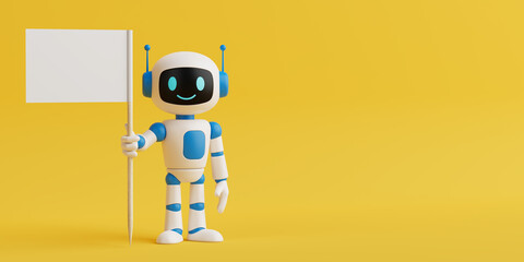 Poster - Message Delivery And Communication Concept. Cheerful Ai Robot Holding Blank Flag Sign. 3d Rendering