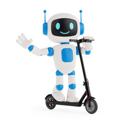 Poster - Urban Mobility And AI Integration Concept. Cheerful Ai Robot Riding Electric Scooter. 3d Rendering