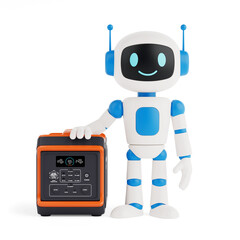 Poster - Smart Energy Management Concept. Cute AI Robot Standing Next To Portable Power Station. 3d Rendering