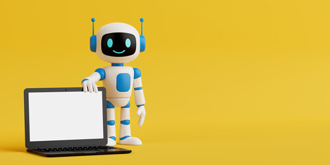 Poster - Digital Communication And AI Technology. Smiling AI Robot Holding Laptop With Blank Screen. 3d Rendering