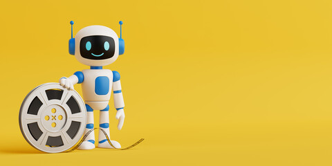 Poster - Artificial Intelligence Assistance Concept. Friendly AI Robot Standing With Vintage Film Reel. 3d Rendering