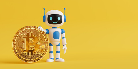 Aufkleber - Cryptocurrency Innovation Concept. Cute White And Blue Ai Robot Holding Giant Golden Bitcoin Symbol. 3d Rendering