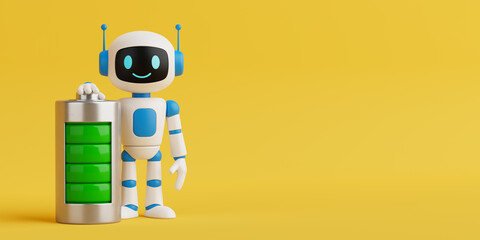 Poster - Energy Optimization And Power Supply Concept. Cute AI Robot Standing Next To Fully Charged Battery. 3d Rendering
