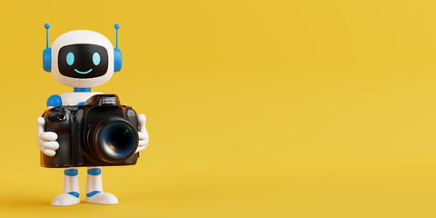 Poster - Creativity And Technology Concept. Cute Friendly AI Robot Mascot Holding Digital Camera. 3d Rendering