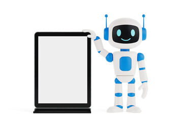 Poster - Technology And Communication Concept. Cute Friendly AI Robot Mascot Standing With Blank Digital LCD Display. 3d Rendering