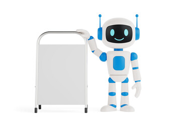 Poster - Communication And Promotion Concept. Cute Friendly AI Robot Mascot Standing With Blank Metal Signboard. 3d Rendering
