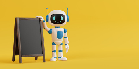 Poster - Communication And Promotion Concept. Cute Friendly AI Robot Mascot Standing Next To Blank Chalkboard Menu Banner. 3d Rendering