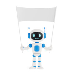 Poster - Communication And Message Concept. Cute Friendly AI Robot Mascot Holding Blank Banner White Flag. 3d Rendering