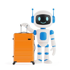 Poster - Travel And Technology Concept. Cute Friendly AI Robot Mascot Holding Orange Suitcase. 3d Rendering