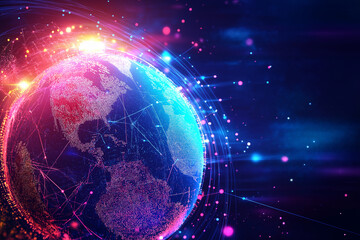 Fototapete - Metaverse digital world cyber space background, neon colorful global world in cyber space, future energy power technology and internet connection concept 