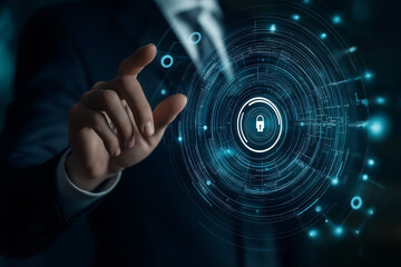 Fototapete - Businessman touching icon and utilizing advanced access management systems to enhance security protocols, streamline user permissions, ensure data privacy, maintain compliance with industry standards