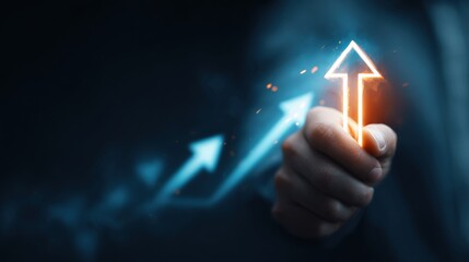 Aufkleber - Businessman holding a glowing upward arrow, representing growth, success, and positive progress in business development