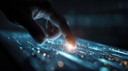 Poster - Hand interacting with a futuristic digital interface, featuring glowing lights and data streams, symbolizing innovation and technological advancement