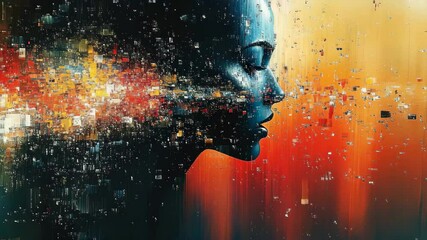 Poster - A captivating silhouette merges with vibrant colors and dynamic shapes, representing the blend of human experience and digital innovation at twilight.